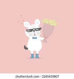 cute and lovely hand drawn french bulldog pug holding flower, happy valentine's day, love concept, flat vector illustration cartoon character costume design