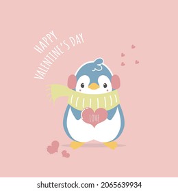 cute and lovely hand drawn penguin holding heart, happy valentine's day, love concept, flat vector illustration cartoon character costume design