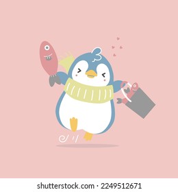 cute and lovely hand drawn penguin holding fish with heart, happy valentine's day, love concept, flat vector illustration cartoon character costume design