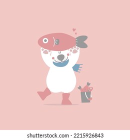 cute and lovely hand drawn polar bear holding fish, happy valentine's day, love concept, flat vector illustration cartoon character costume design
