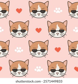 Cute lovely hand drawn seamless vector pattern illustration with cartoon character cats with sunglasses, paw prints and red hearts on pink background