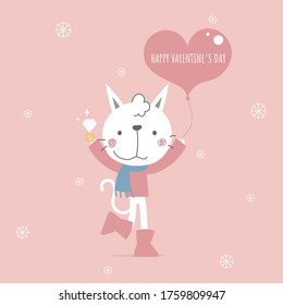 cute and lovely hand drawn white cat holding heart balloon and ring, happy valentine's day, love concept, flat vector illustration cartoon character costume design
