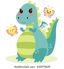 Cute lovely happy dragon with butterfly friends