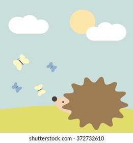 cute lovely hedgehog in the meadow looking butterfly in the sky vector cartoon illustration