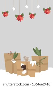 cute lovely holiday vector card illustration with christmas gift box in craft paper with twine ribbon and wreaths