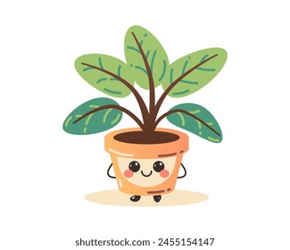 Cute lovely houseplant vector art. Kawaii faces on flower pot with plant. Cartoon style for print.