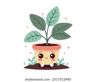 Cute lovely houseplant vector art. Kawaii faces on flower pot with plant. Cartoon style for print.