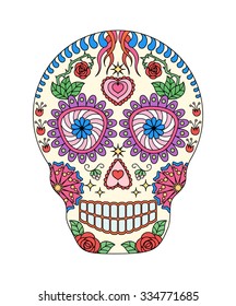 Cute lovely human skull covered with flowers, hearts and ornaments. Dia de los muertos greeting card. Cartoon style. Vector illustration.