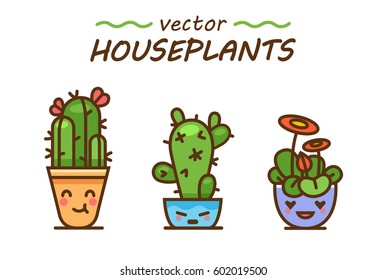 Cute lovely kawaii houseplants vector art. Kawaii faces flower pots. Cartoon style. Vector icons on white background.