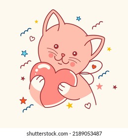 Cute lovely kitten with a heart. "I love you" concept. Sticker, doodle korean style illustration for print, social media post , card for st.Valentine's day.