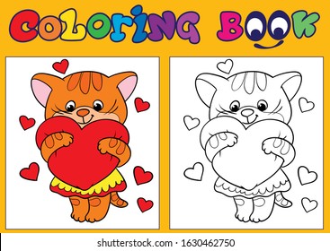 Cute lovely kitten valentine coloring