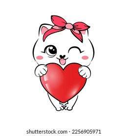 Cute lovely kitty. Valentine day illustration. Vector.