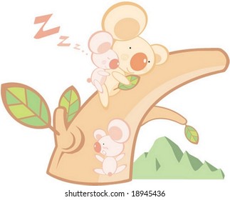 Cute and Lovely Koala Character - take a nap and play on the trunk of tree on white background : vector illustration