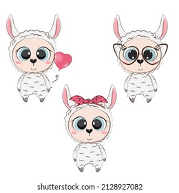 Cute lovely lamas with heart. Vector illustration.