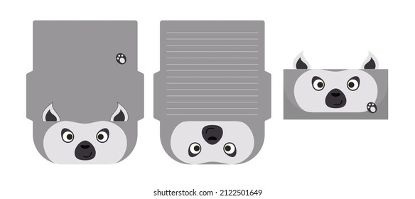 Cute Lovely Lemur Letter Writing Stationery Paper Laser Cutting Card Template. Animal Design For Greeting, Invitation, Thank You Cards. Vector Stock Illustration.