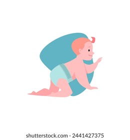 Cute lovely little baby in diaper. Cartoon active baby learn to craw. First year of child. Healthy happy infant boy or girl play. Vector illustration isolated in blue frame on white