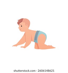 Cute lovely little baby in diaper. Cartoon active first year baby learn to craw. Healthy happy boy or girl infant play. Vector flat illustration of cheerful toddler isolated