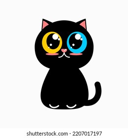 Cute lovely little black cat with big yellow and blue eyes sitting cartoon character on white background vector design.