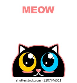 Cute lovely little head face black cat with big yellow and blue eyes looking pink text meow cartoon character on white background flat vector design.