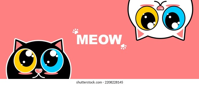 Cute lovely little head face black and white cat with big yellow and blue eyes looking text meow paw footprint cartoon character on pink background flat vector design.