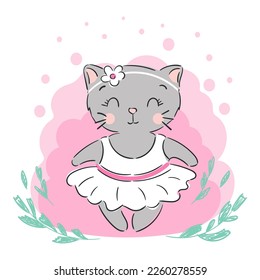 Cute lovely little kitty cat in white dress. Can be used for t-shirt print, kids wear fashion design, baby shower invitation card.