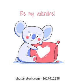 Cute lovely little Koala hugging a pillow that heart sign on it, celebrating Valentine's day 