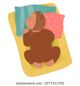 Cute lovely little newborn kid sleeping resting enjoying sweet dreams lying in bed cartoon vector illustration isolated on white background. Happy innocence, child care and baby shower concept