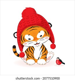 Cute lovely little tiger cub wearing red knitted hat. 2022 Chinese new year symbol, mascot, asian lunar calendar zodiac sign. Vector illustration for greeting card, poster, kids apparel, advertising