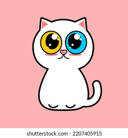 Cute lovely little white cat with big yellow and blue eyes sitting cartoon character on pink background vector design.