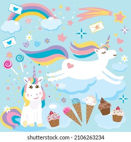 Cute lovely magic unicorn with rainbow stars comets, cupcakes, ice cream, candy, lollipop, and letters on blue background