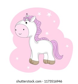 Cute lovely magical cartoon unicorn. Sweet kids graphics for t-shirts. Greeting card.