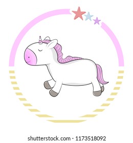 Cute lovely magical cartoon unicorn. Sweet kids graphics for t-shirts. Greeting card.