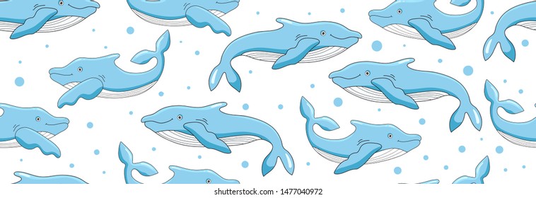 Cute Lovely minimalistic bold whales seamless pattern. Vector illustration of marine mammals blue whale  for children's cloth