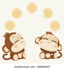 Cute lovely monkey couple. Happy New Year 2016. Vector Illustration