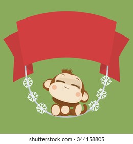 Cute lovely monkey couple. Happy New Year 2016. Vector Illustration