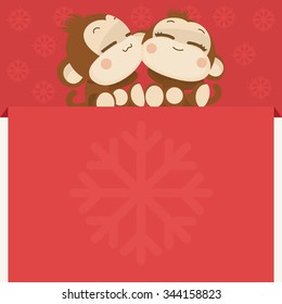 Cute lovely monkey couple. Happy New Year 2016. Vector Illustration