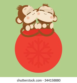 Cute lovely monkey couple. Happy New Year 2016. Vector Illustration