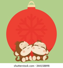 Cute lovely monkey couple. Happy New Year 2016. Vector Illustration