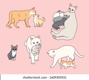 Cute and lovely mother cat and baby cat collection. hand drawn style vector design illustrations. 