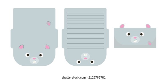 Cute Lovely Mouse Letter Writing Stationery Paper Laser Cutting Card Template. Animal Design For Greeting, Invitation, Thank You Cards. Vector Stock Illustration.