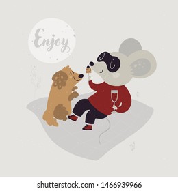 Cute lovely mouse, a symbol of New Year 2020. Cute rat celebration. Holiday card. Cartoon vector animal character illustration. For print, poster, calendar, decoration, textile, souvenir