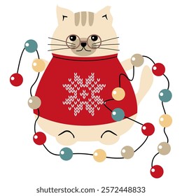 Cute lovely nice cat with ht Christmas and New Year garland on white background vector illustration pet in sweater 