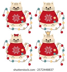 Cute lovely nice cat with ht Christmas and New Year garland on white background vector illustration pet in sweater 