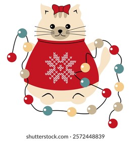 Cute lovely nice cat with ht Christmas and New Year garland on white background vector illustration pet in sweater 