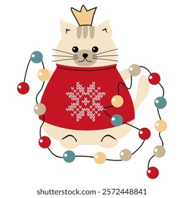 Cute lovely nice cat with ht Christmas and New Year garland on white background vector illustration pet in sweater 