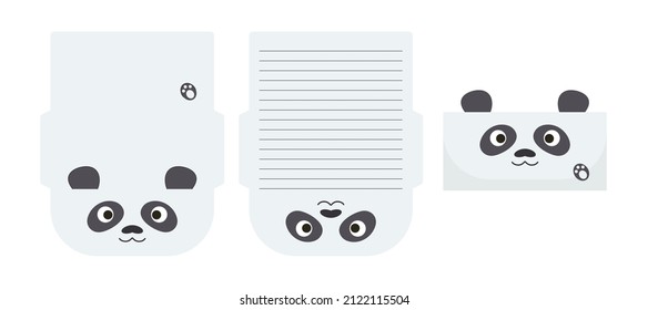 Cute Lovely Panda Letter Writing Stationery Paper Laser Cutting Card Template. Animal Design For Greeting, Invitation, Thank You Cards. Vector Stock Illustration.