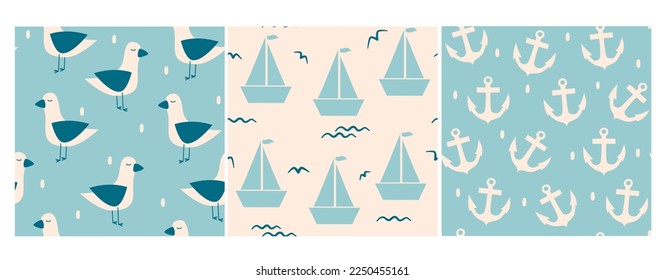 Cute lovely pastel blue and beige hand drawn set of seamless vector pattern background illustration with seagulls, boats and anchor for kids, baby shower and nursery