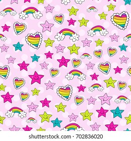 Cute lovely pattern with hearts, rainbows and stars. Perfect background, pattern for textiles, wrapping paper.