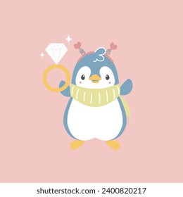 cute and lovely penguin holding diamond ring, happy valentine's day, love concept, flat vector illustration cartoon character costume design