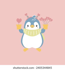 cute and lovely penguin holding heart shape plant, happy valentines day, birthday, love concept, flat vector illustration cartoon character design